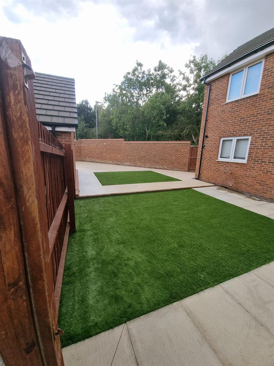 Garden landscaping project — new patio and artificial lawn, Milton Keynes
